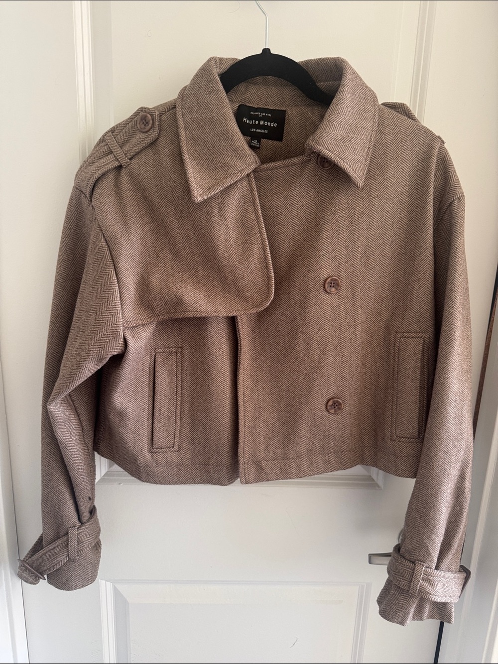 Haute Monde Cropped Peacoat in Taupe Herringbone
